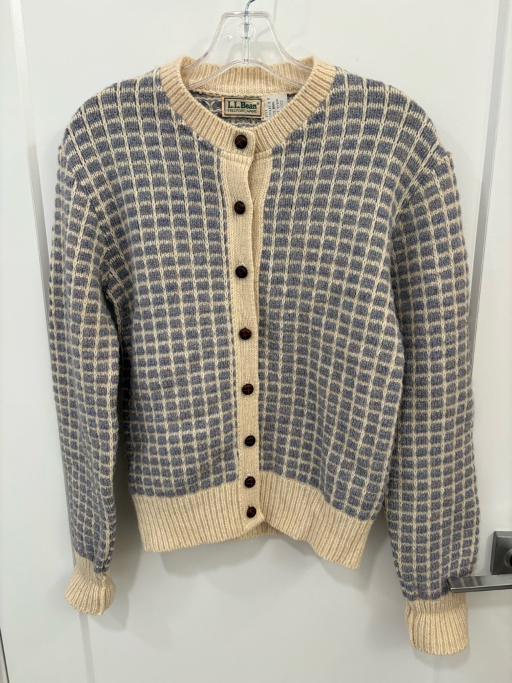 Vintage 90s US Made LL Bean Cream Blue Wool Knit Cardigan Leather Buttons Size S